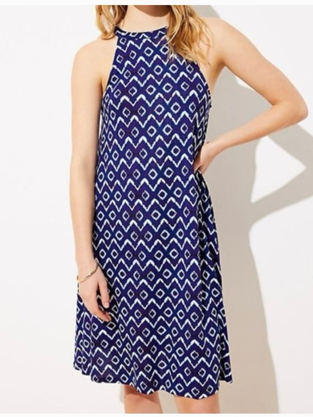 LOFT Halter Swing Navy Blue Geometric Halter Dress Size S 🆕
